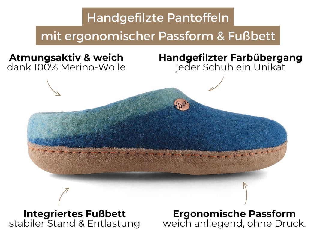 Sherpa Filzpantoffeln mit Fußbett & Ledersohle, blau