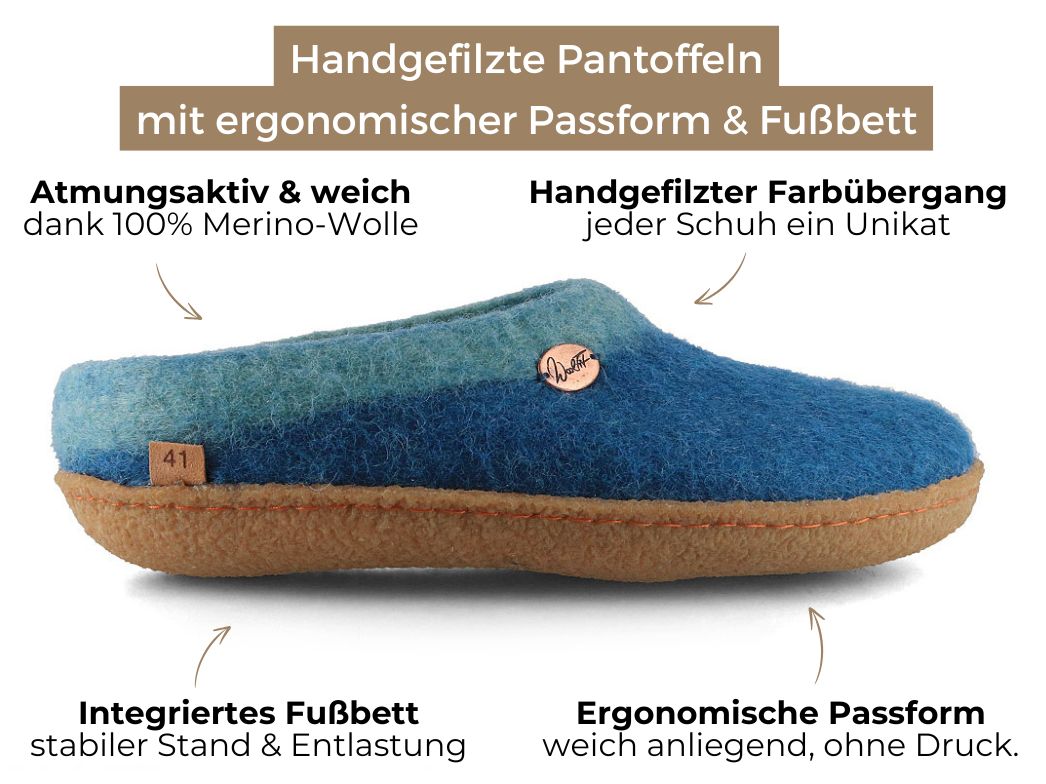 Sherpa Filzpantoffeln mit Fußbett & Naturgummisohle, blau