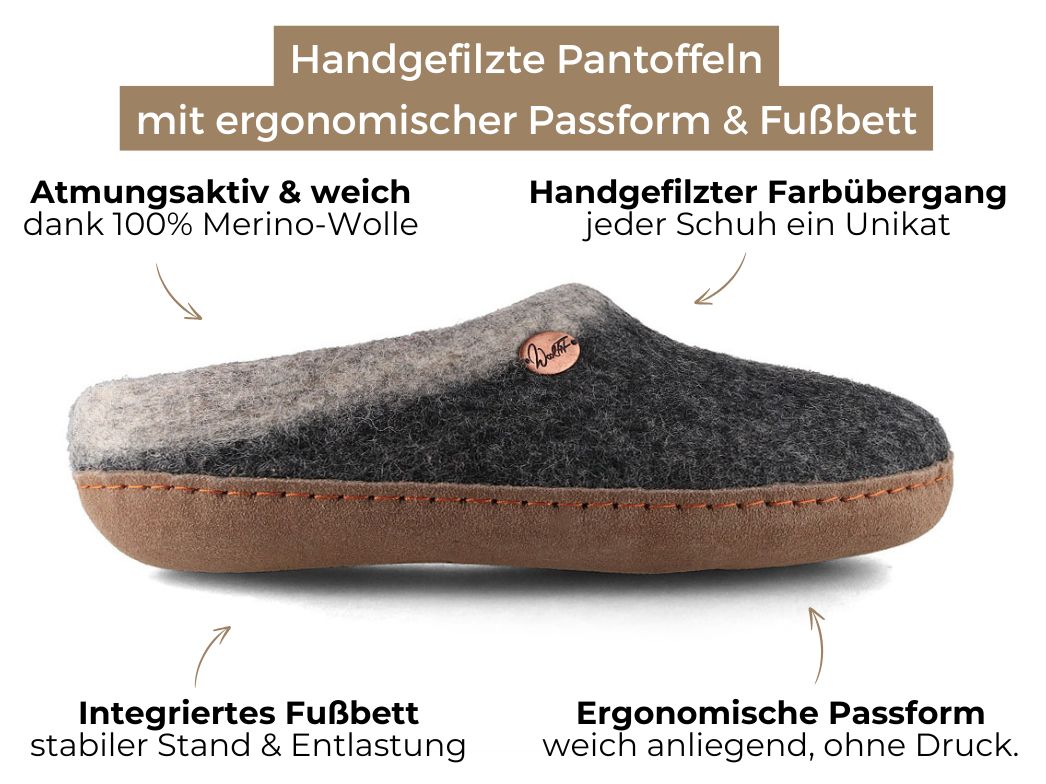 Sherpa Filzpantoffeln mit Fußbett & Ledersohle, grau