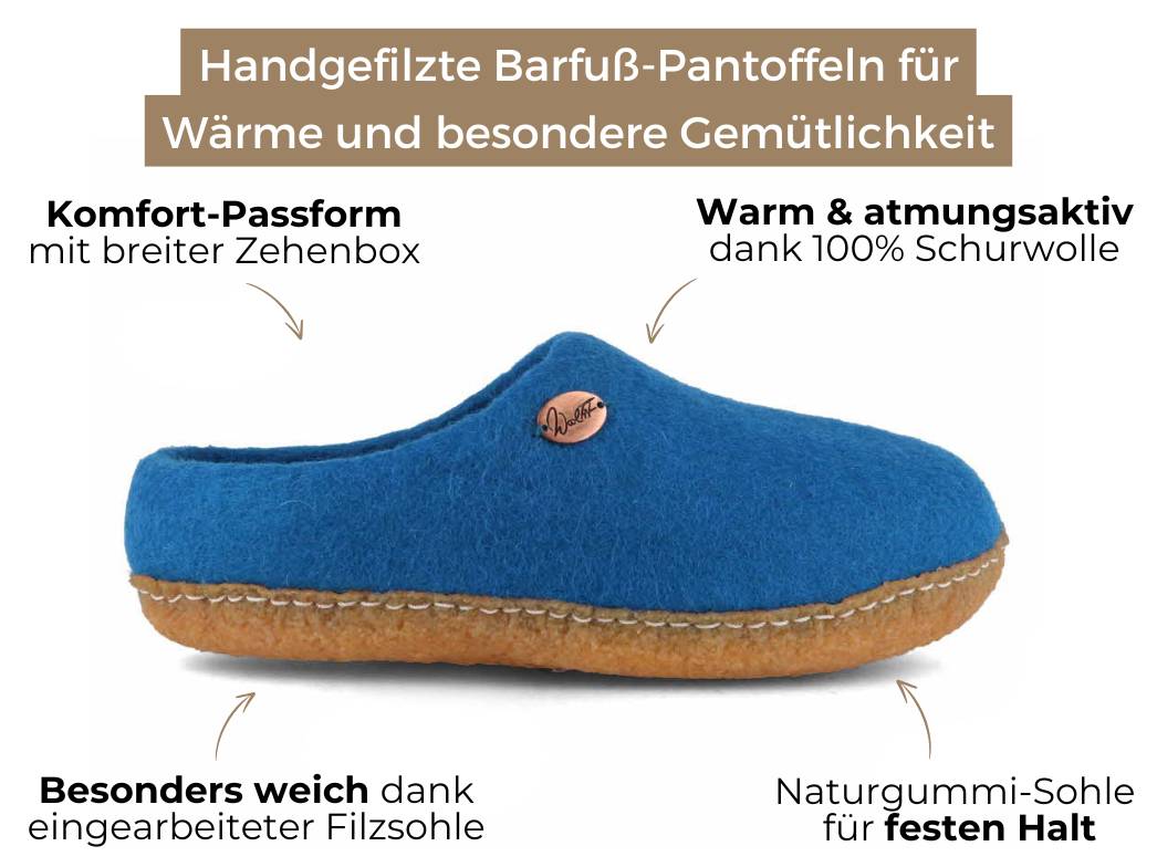 Barfuß-Hausschuh Footprint mit Naturgummisohle, blau
