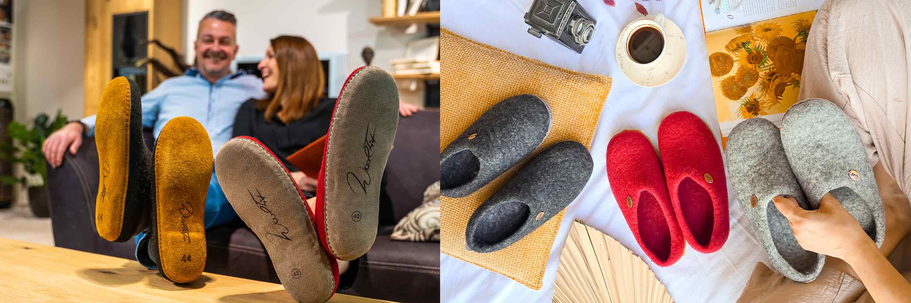 WoolFit Hausschuhe Startseitenbanner 2 Personen auf dem Sofa mit Hausschuhe und rechts Hausschuhe auf einer Decke in gemütlichem Setting