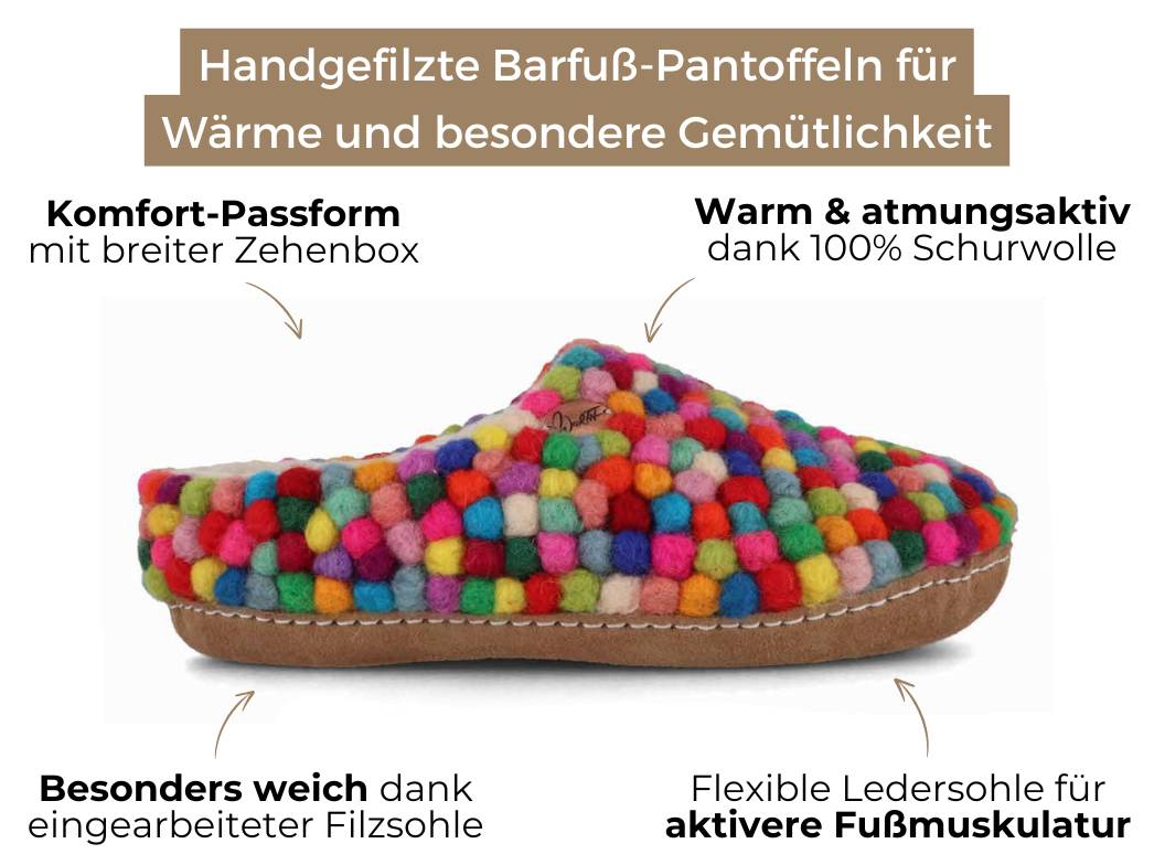 Barfuß-Hausschuhe Spezialedition Filzkugeln Footprint, Mehrfarbig