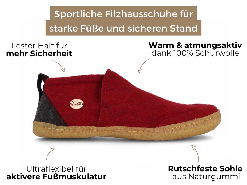 Taiga - hoher Filzhausschuh mit rutschhemmender Gummisohle, dunkelrot