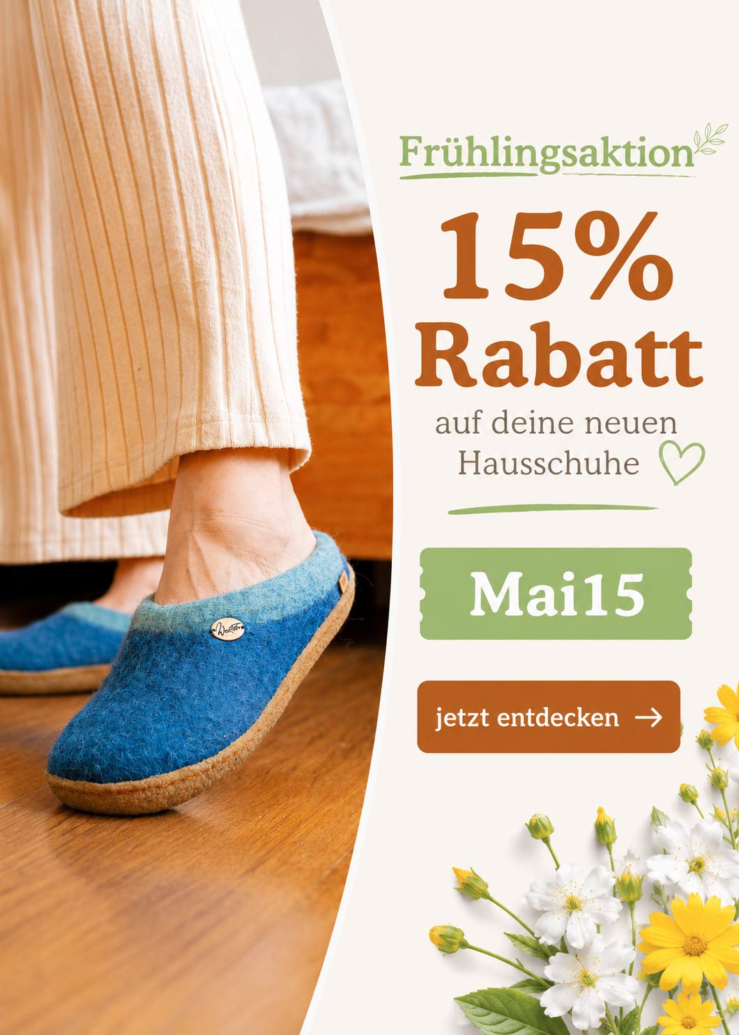 Rabatt im Mai: 15% auf alle Hausschuhe