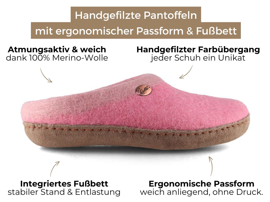 Sherpa Filzpantoffeln mit Fußbett & Ledersohle, rosa