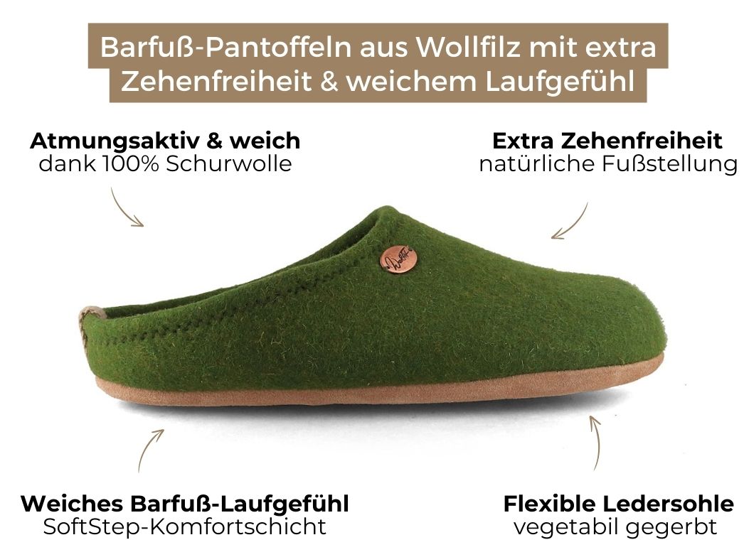 Barefoot Filzpantoffeln mit viel Zehenfreiheit, grün
