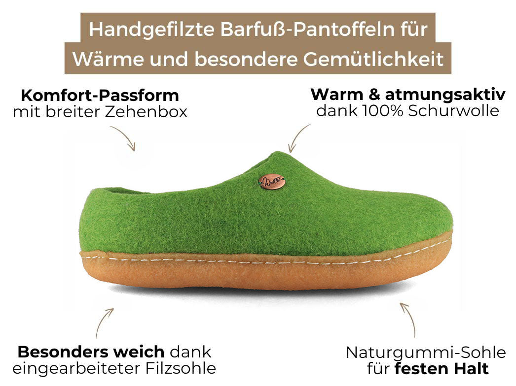 Barfuß-Hausschuh Footprint mit Naturgummisohle, grün
