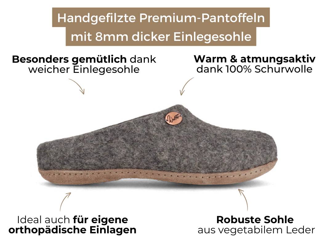 Filzpantoffeln für schmale Füße Classic, hellgrau