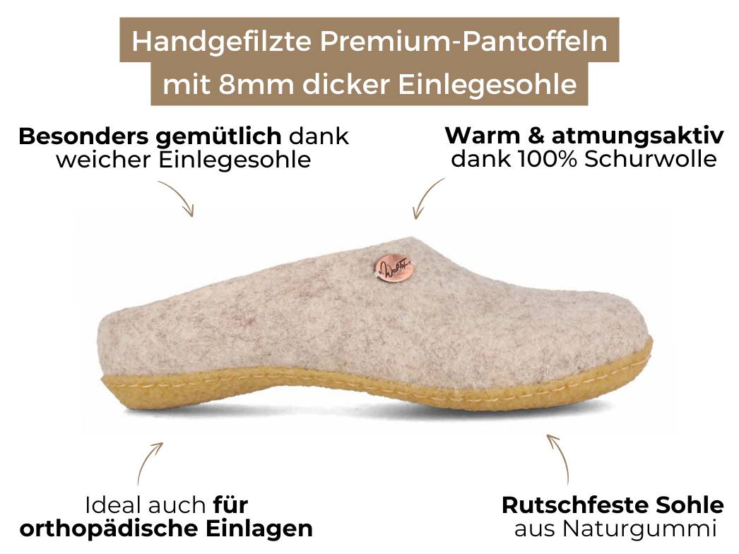 Filzpantoffeln mit Einlagen & Gummisohle Classic, beige