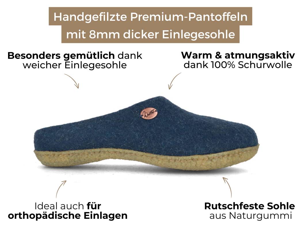 Filzpantoffeln mit Einlagen & Gummisohle Classic, blau