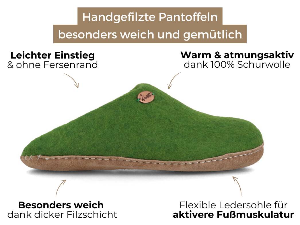 Offene Filzpantoffeln ohne Fersenrand Tibet, grasgrün